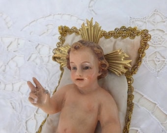 Antique religious statue infant child baby Jesus Christ w glass eyes nativity christmas painted figure w halo w satin bed 4 church nativity