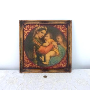 LARGE Antique Florentine Frame Madonna della Seggiola Sedia and Child Jesus Icon Floral Religious Devotional Gilded Wood Art Gift Frame