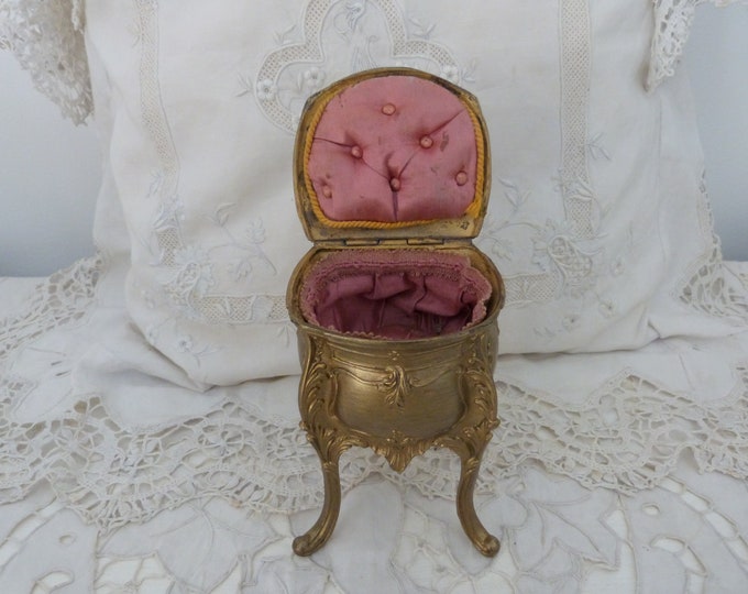 Antique French Box Floral Spelter Antique Jewelry Trinket Box, W Pink