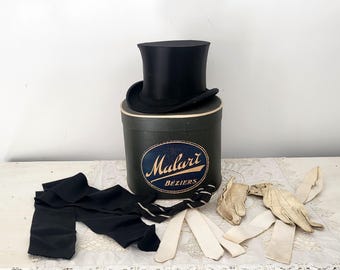Antique French silk collapsible top hat Gibus w hat box black opera steampunk tophat victorian mens top hat w stamps, tie, gloves, waistband