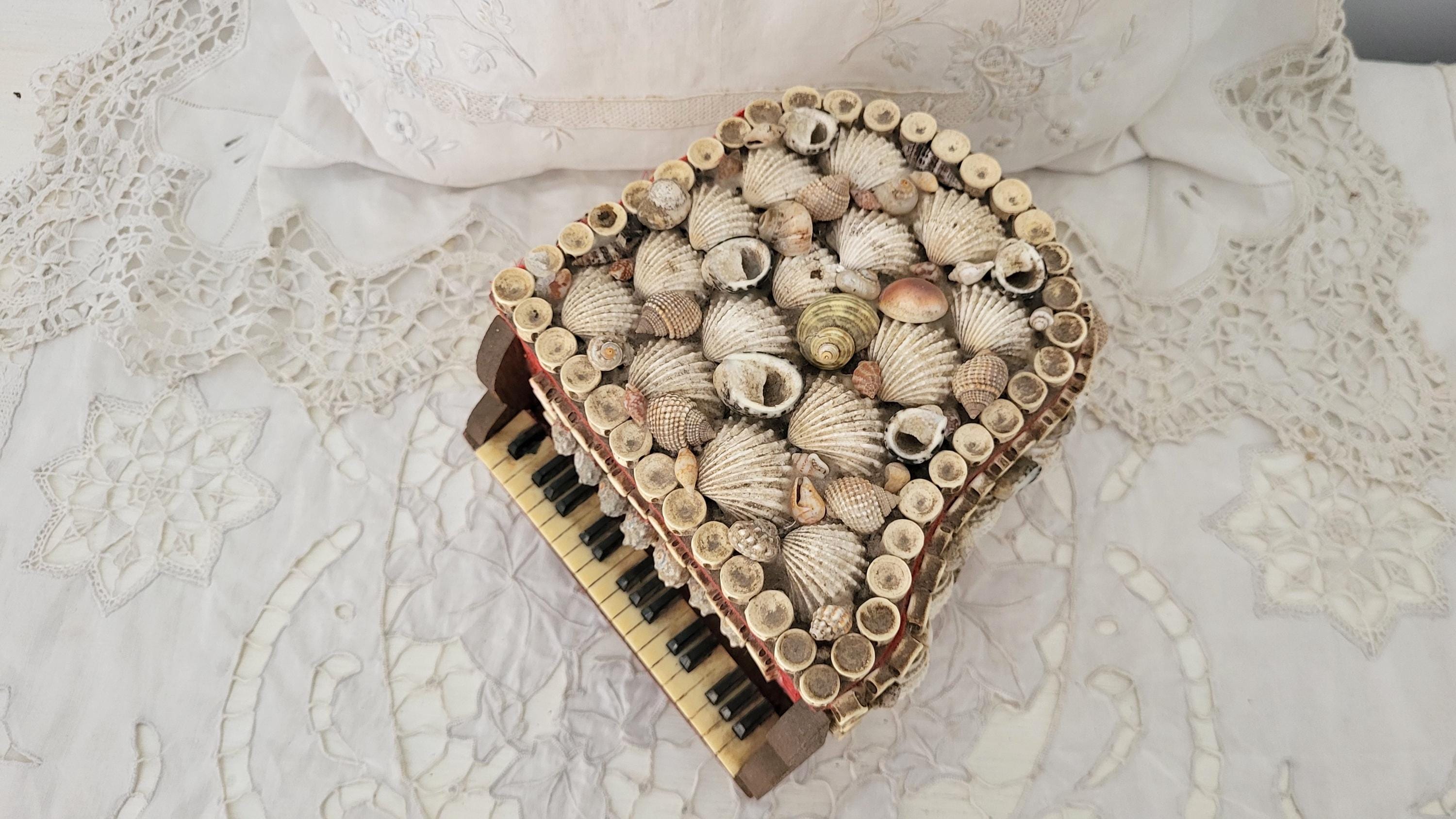 Vintage French Grand Piano Trinket Box, Seashell Art Jewelry