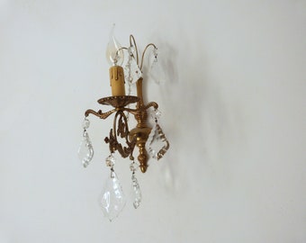 Antique French crystal bronze wall sconce lighting light fixture, romantic Chateau boudoir wallsconce lamp w lustres, beads drops, drip tray