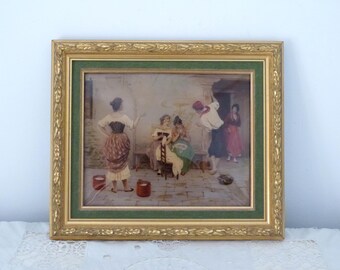Vintage Italian framed signed Eugene von Blaas reverse glass w print of pastel painting behind blown glass, gilded wooden frame european art
