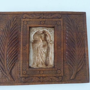 RARE Antique French 1800s religious frame w saint in chapel in hand carved wooden frame, hand sculptured devotional wall hanging art gift