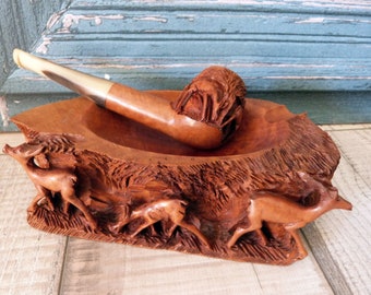 Antique French signed Monneret carving carved wooden briar pipe holder ashtray and pipe w deer wooden tobacco station folk art wood carving