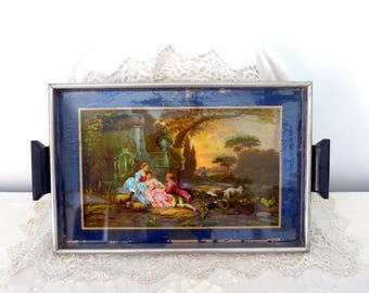 Seltener antiker französischer Serviertablettständer mit Glasabdeckung, Folienpapier, Druck unter Glas mit romantischem, elegantem Design, Boudoir Wohnkultur Geschenk