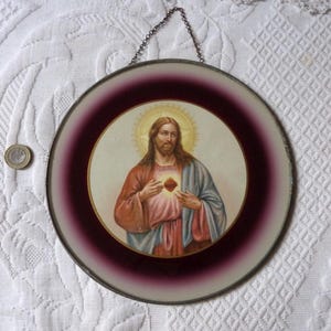 GRAND cadre religieux antique Français avec impression de dévotion icône sacré coeur de Jésus-Christ en verre rond avec cadre en métal décoration murale chrétienne
