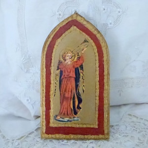 Antique Florentine frame w winged angel playing trumpet icon gilded wooden devotional religious frame devotional wall art gift, Fra Angelico