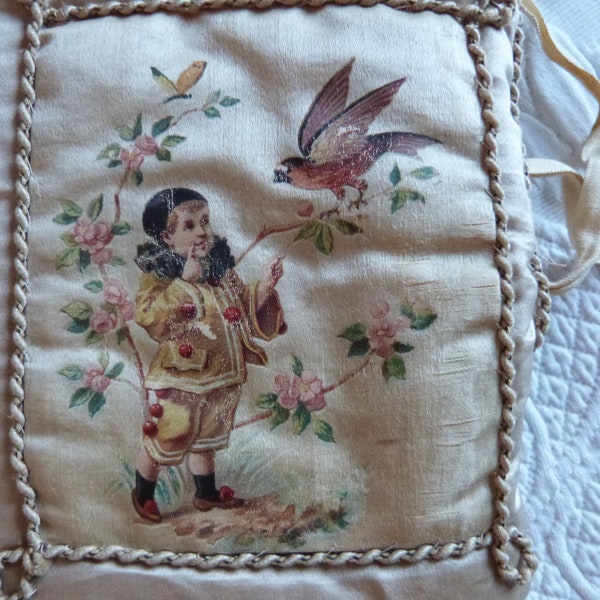 Ancien sac de lingerie en soie, bas de poche, trousseau de boudoir, vanité française, pierrot peint à la main, oiseau, art de la soie, cadeau de la Saint-Valentin