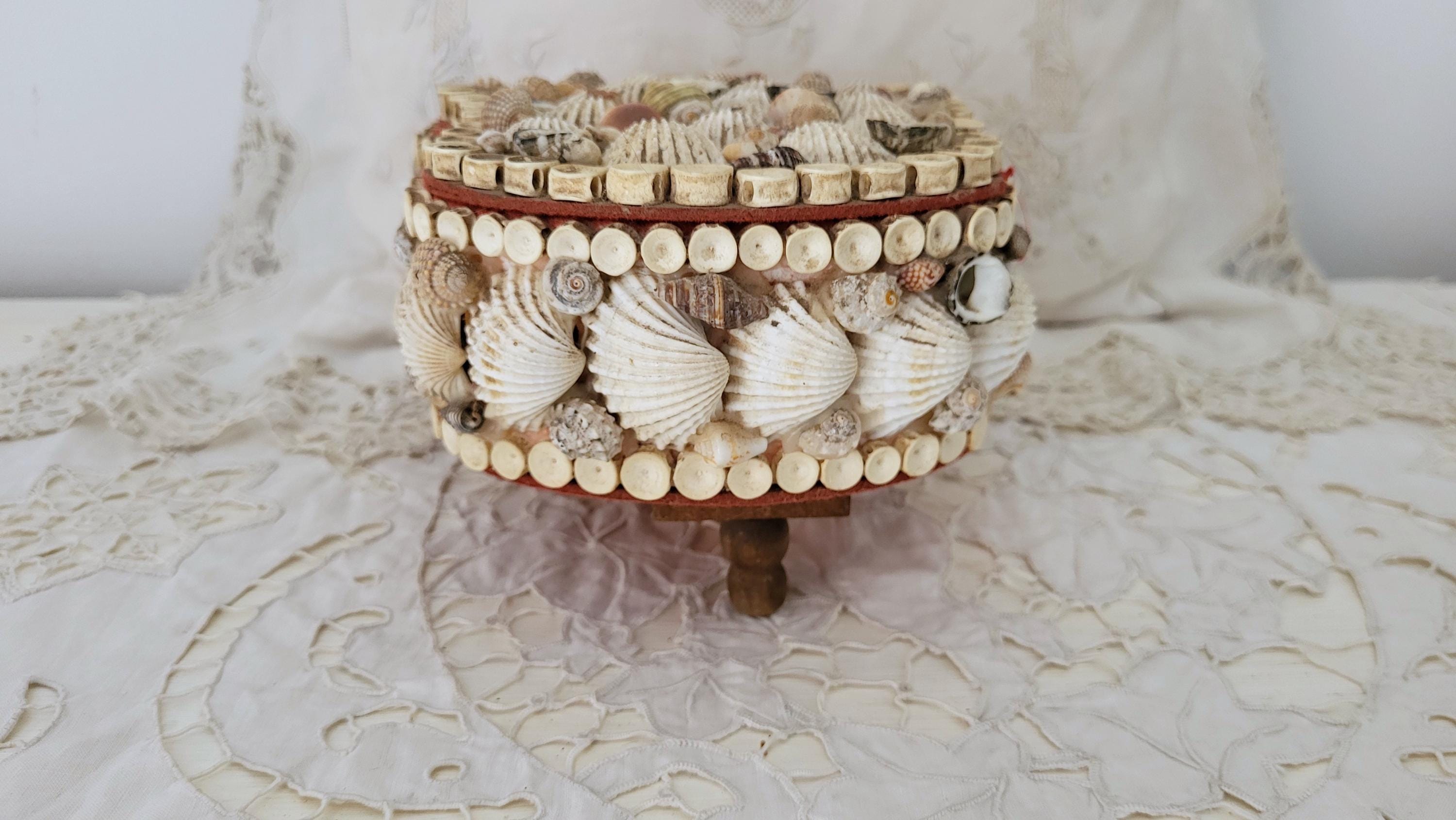 Vintage French Grand Piano Trinket Box, Seashell Art Jewelry