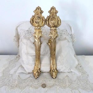 Antique French bronze curtain pole rail holders shelf wall brackets, shelving brackets, drapery tiebacks holdbacks, 1800s salvaged antiques
