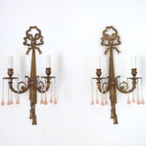 Pair Antique French bronze wall sconces light lamps w pink glass drops, ribbon, bow, tassels, Large 1900 Chateau lighting fixtures home deco