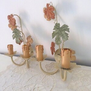 Vintage French tole wall sconces lamps PAIR wallsconces w wine leaves toleware lighting wall fixtures French country cottage wallsconces image 8