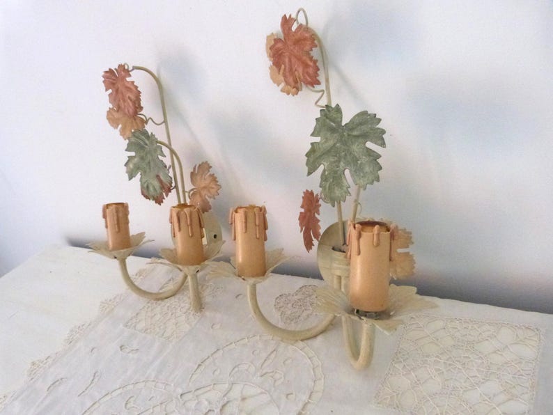 Vintage French tole wall sconces lamps PAIR wallsconces w wine leaves toleware lighting wall fixtures French country cottage wallsconces image 8