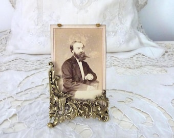Rare Antique French ormolu picture frame w floral details, curls scrolls 1800s standing photo frame w sepia picture of man, home decor