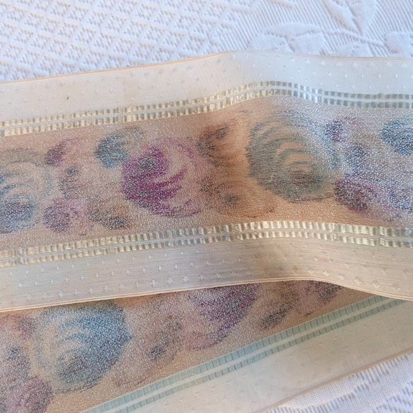 Antique French silk muslin trim ribbon trimming 1800s unused passementerie gallon floral hand printed trim vintage sewing patchwork supplies