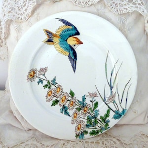 Pode incluir: Um prato de cer&acirc;mica branco com um desenho de p&aacute;ssaro azul e amarelo. O p&aacute;ssaro est&aacute; voando sobre um grupo de flores brancas com folhas verdes. O prato tem um fundo branco com uma textura sutilmente salpicada.