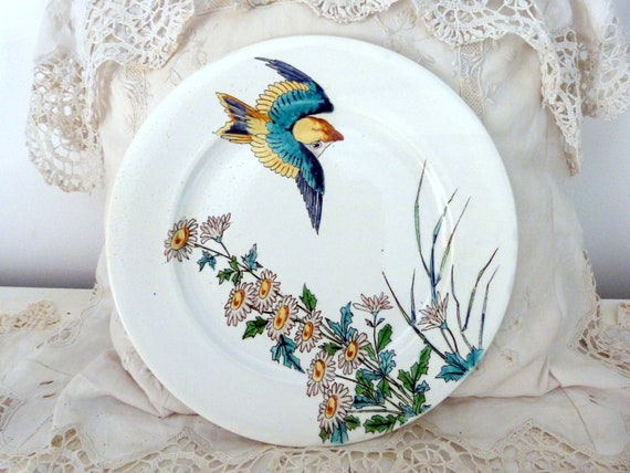 Antique French Jules Vieillard decorative plate dish, rare LARGE enameled earthenware plate w swallow bird design, tableware table ware