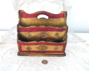 Vintage Florentiner italienischer Briefhalter aus Holz mit floralem Dekor, Wohnkultur Geschenk für Schriftsteller, Schreibtischzubehör im Boudoir-Look