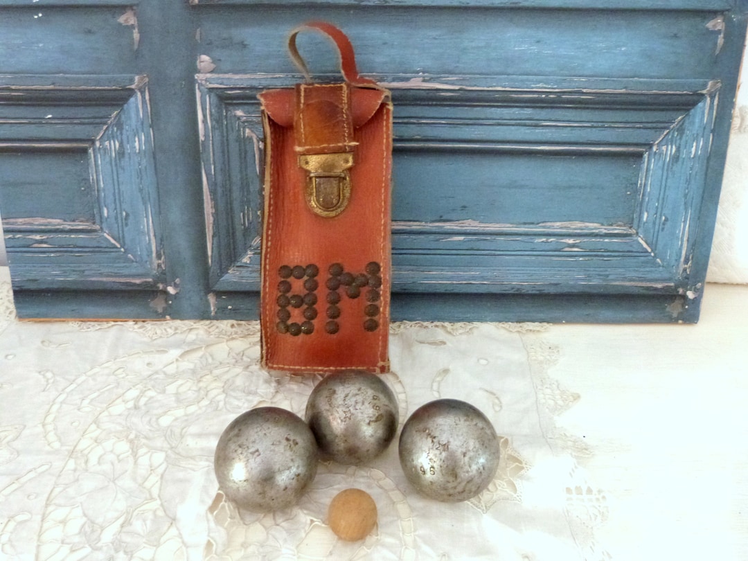 Antique French Metal Jeu De Boule Balls W Tooled Leather Carrying