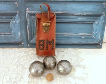 Antique French metal jeu de boule balls w tooled leather carrying bag vintage petanque balls boules in carrier bag French primitive game set