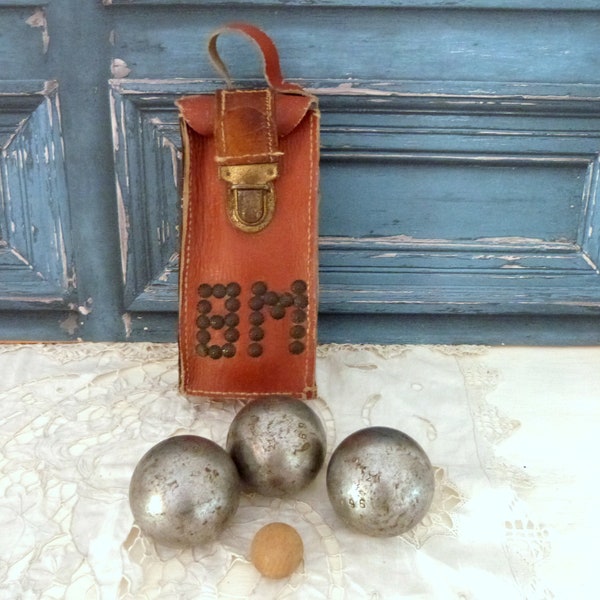 Antique French metal jeu de boule balls w tooled leather carrying bag vintage petanque balls boules in carrier bag French primitive game set