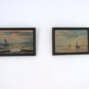 Pair framed French antique signed oil paintings on wood sea painting w boats 1930s nautical art painting in wooden frame gift for sailor