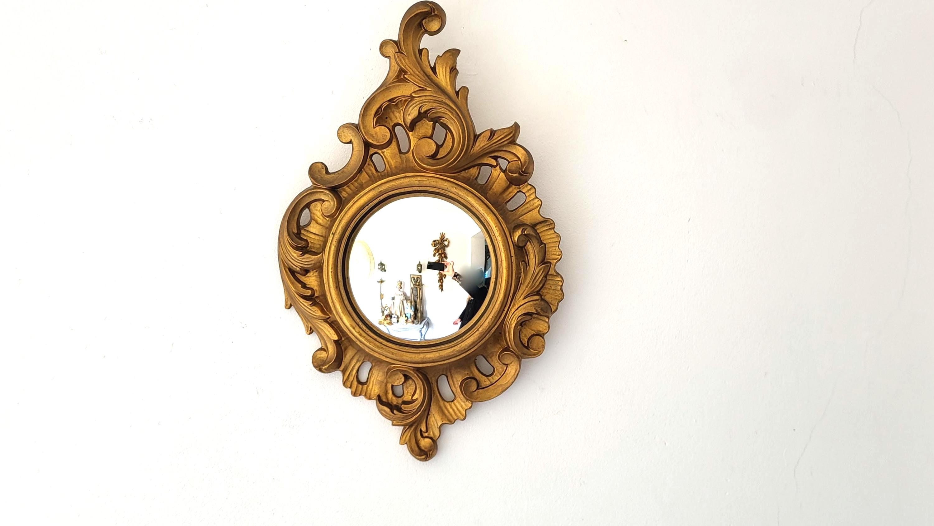 Small Vintage French 1950s Gilded Resin Convex Dome Mirror Boudoir