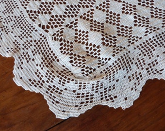 Antique French hand crocheted tablecloth handworked crochet white table cloth vintage diningtable table linens, arts and craft table decor