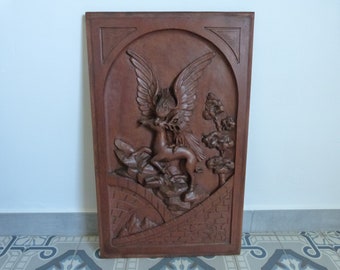 Antique wooden panel wall hanging decor w eagle hunting a deer, French hand carved architectural wooden salvaged architecture wall art