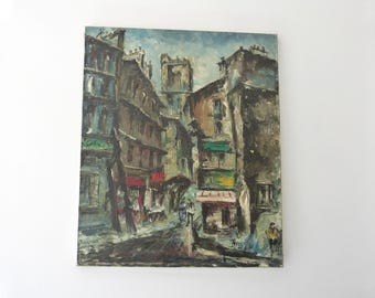 Vintage French oil painting signed Andre Besse w retro Paris street scene 1960s linen European impressionist art painting Paris decor