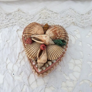Vintage French seashell art jewelry keepsake box sailor valentine shell art trinket box w mother of pearl shell, heart shape box, gift