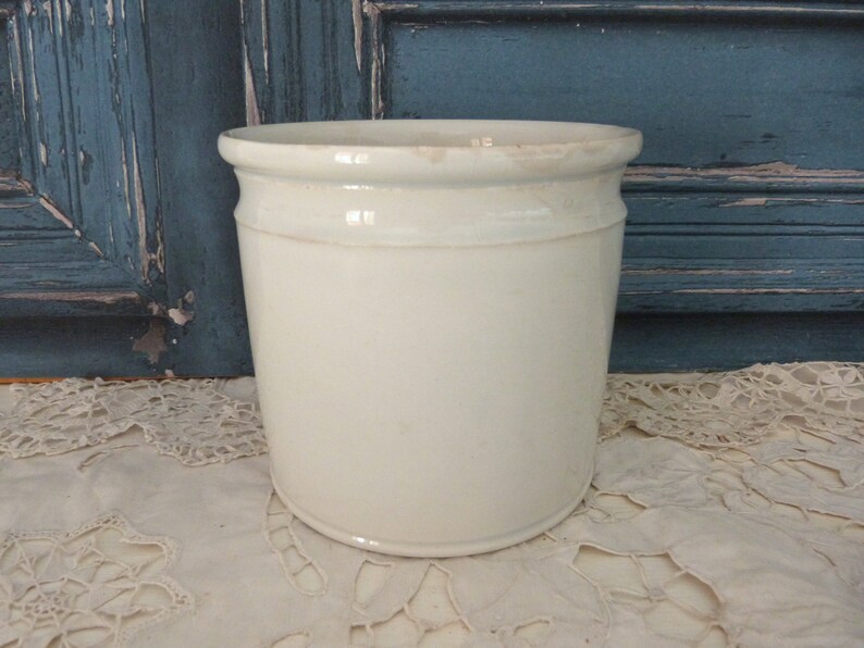 Antique pottery jar, handmade pot in white glazed earthenware Moulin des Loups, farmhouse country kitchen decoration image 8