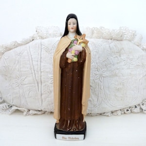 Antique st Therese of Lisieux statue sculpture signed bisque religious art statue saint St Theresa w cross Jesus Christ crucifix, roses