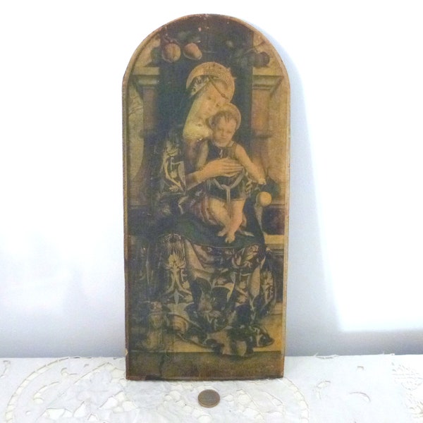 Antique French religious wooden panel frame 1900s w our lady of the rosary, Madonna and child Jesus, devotional art decor, christmas gift