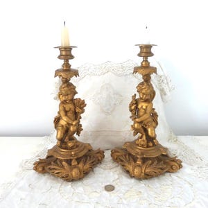 Pair big Antique French spelter candle stick holders candelabras candle holders girandole candelabras w putti cherub figures Chateau decor