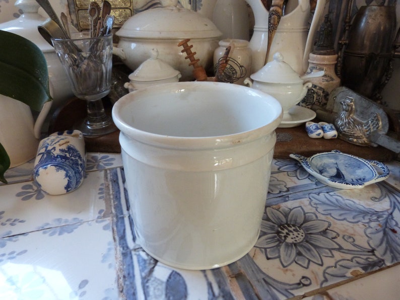 Antique pottery jar, handmade pot in white glazed earthenware Moulin des Loups, farmhouse country kitchen decoration image 7
