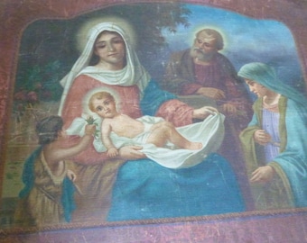 BIG Antique 1800s signed religious nativity oil painting w Holy Saint Family on linen canvas, w Holy virgin Mary, child Jesus, Joseph