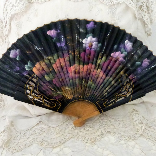 Antique hand fan 1900s folding fan hand painted handfan w filigree laquered wooden handle, fabric w flowers, vintage ladies accessories