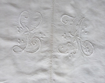 Sábana de dote antigua francesa de lino tejida a mano con monograma LM y bordados a mano de flores y puntos, ropa de cama de boda vintage, bordado de herencia
