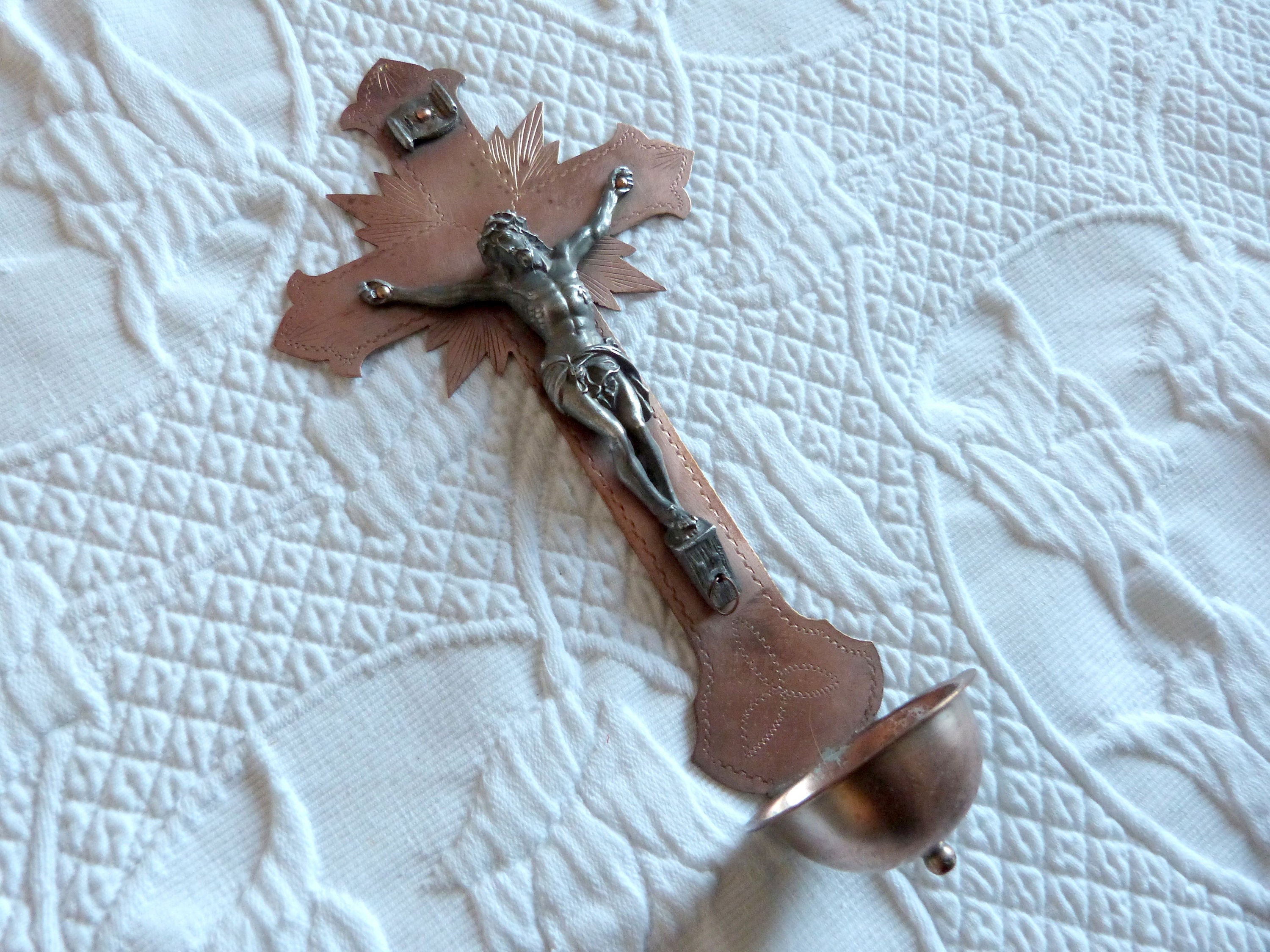 Antique French religious trench art holy water font hand engraved copper wall cross crucifix w Jesus Christ corpus christi w INRI, wall deco