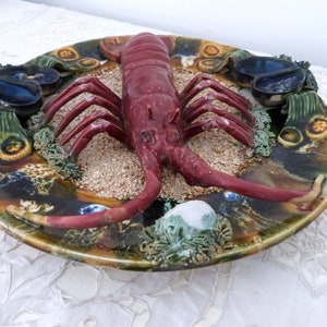 XL vintage Portuguese Palissy majolica fish lobster plate w 3D barbotine design of ceramic shell fish, mussels, lobster, thick glaze ceramic