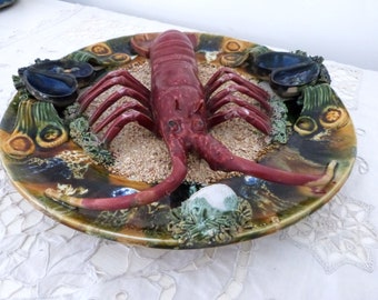 XL vintage Portuguese Palissy majolica fish lobster plate w 3D barbotine design of ceramic shell fish, mussels, lobster, thick glaze ceramic