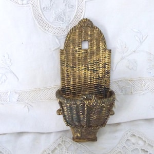 Antique French gilded bronze match strike striker vintage matchstriker match box stick holder in shape of harvest basket, 1900s collectible