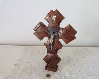 Antique French tramp art trench art cross crucifix handmade w match boxes, RARE religious devotional art w Jesus Christ corpus christi