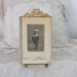 Large antique French ormolu picture frame w ribbon bow design w thick beveled glass 1800s picture photo frame w easel, French home decor
