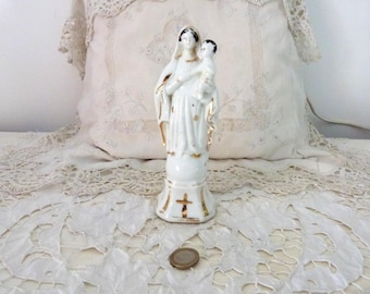 Antique French religious Holy mother statue in gilded porcelain, Holy Virgin Mary and child Jesus statue , Our Lady statue sculpture gift