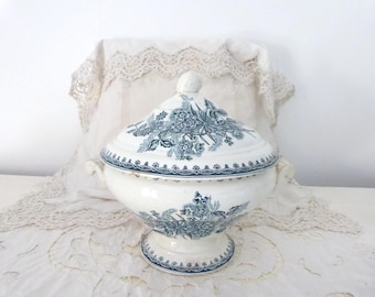 Antique French soup tureen Big lidded ironstone soupiere St Amand Margot w floral transfer ware design French country cottage tableware gift