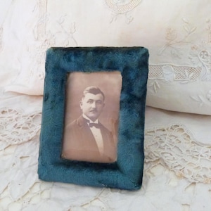 Antique French blue silk velvet picture frames w sepia picture of man, blown glass cover, 1900s Victorian picture frame, home decor gift image 1