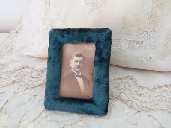 Antique French blue silk velvet picture frames w sepia picture of man, blown glass cover, 1900s Victorian picture frame, home decor gift
